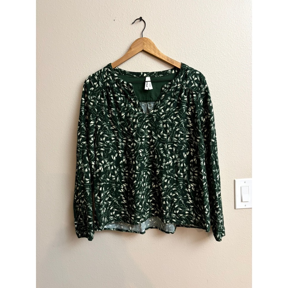 Pact Blouse Size M Organic Cotton Green Leaf Print V-Neck Sustainable Boho